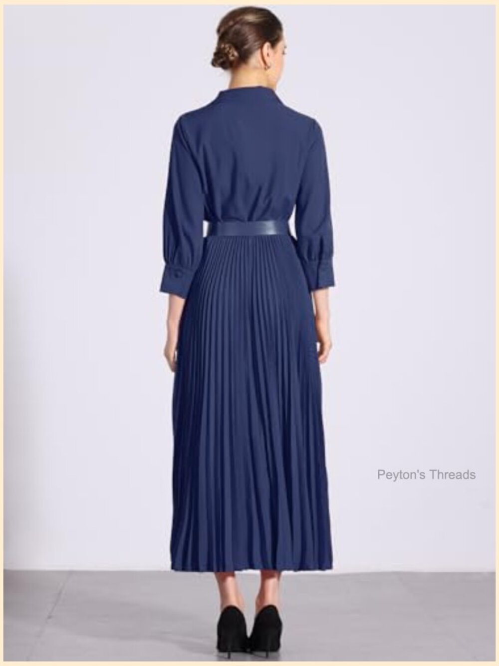 Dressy Casual Pleated Maxi Dress with 3/4 Sleeves, Collared V-Neck, Belted - Picture 2 of 5